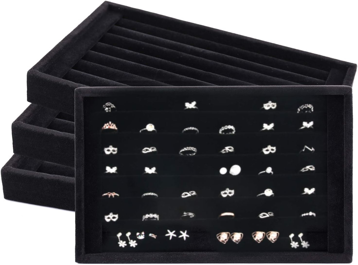 4 Pack Velvet 7 Slots Ring Earrings Showcase Trays Holder Drawer Insert Jewelry