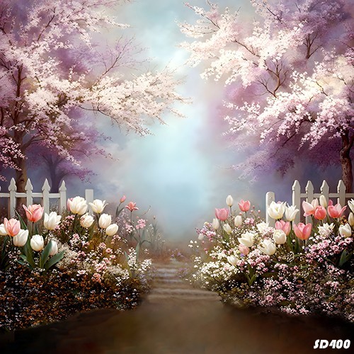 10'x10'Computer-painted Floral Fence Tree Path Scenic Background Backdrop SD400