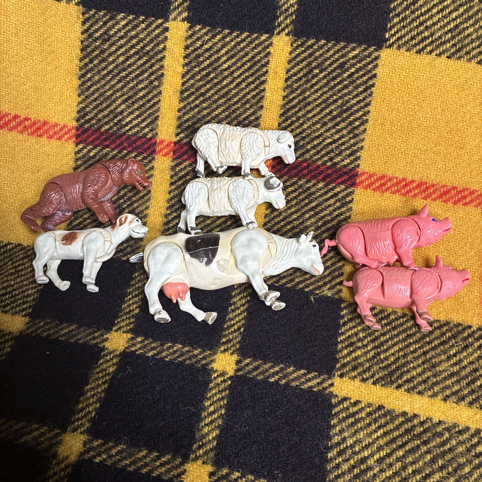 Vtg Farm Animals Articulated Movable Posable Hong Kong Cow Horse Pig Sheep 7