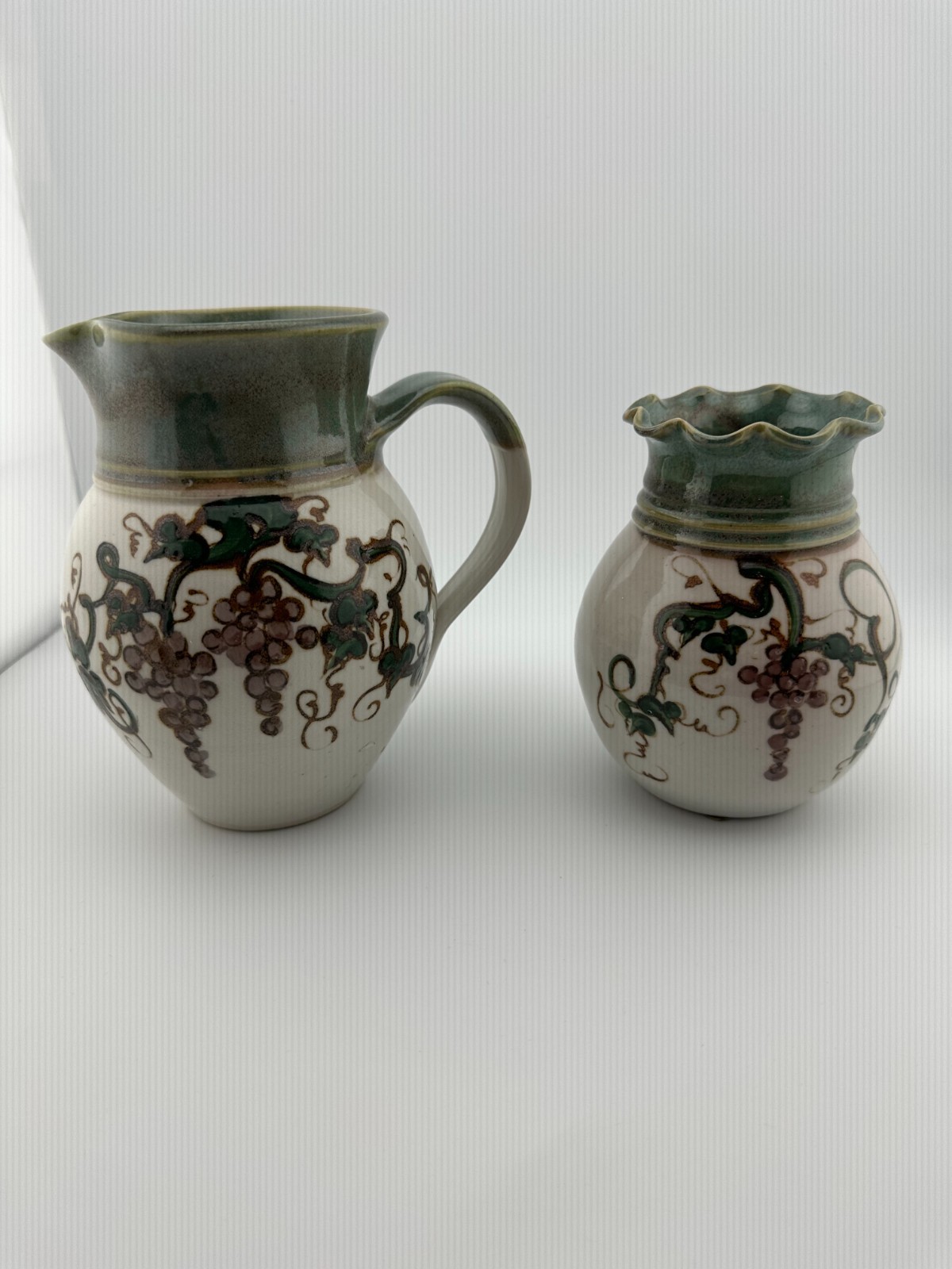 Jensen Turnage Hand-Painted Pottery Pitcher & Vase Set Grapes Vine Motif