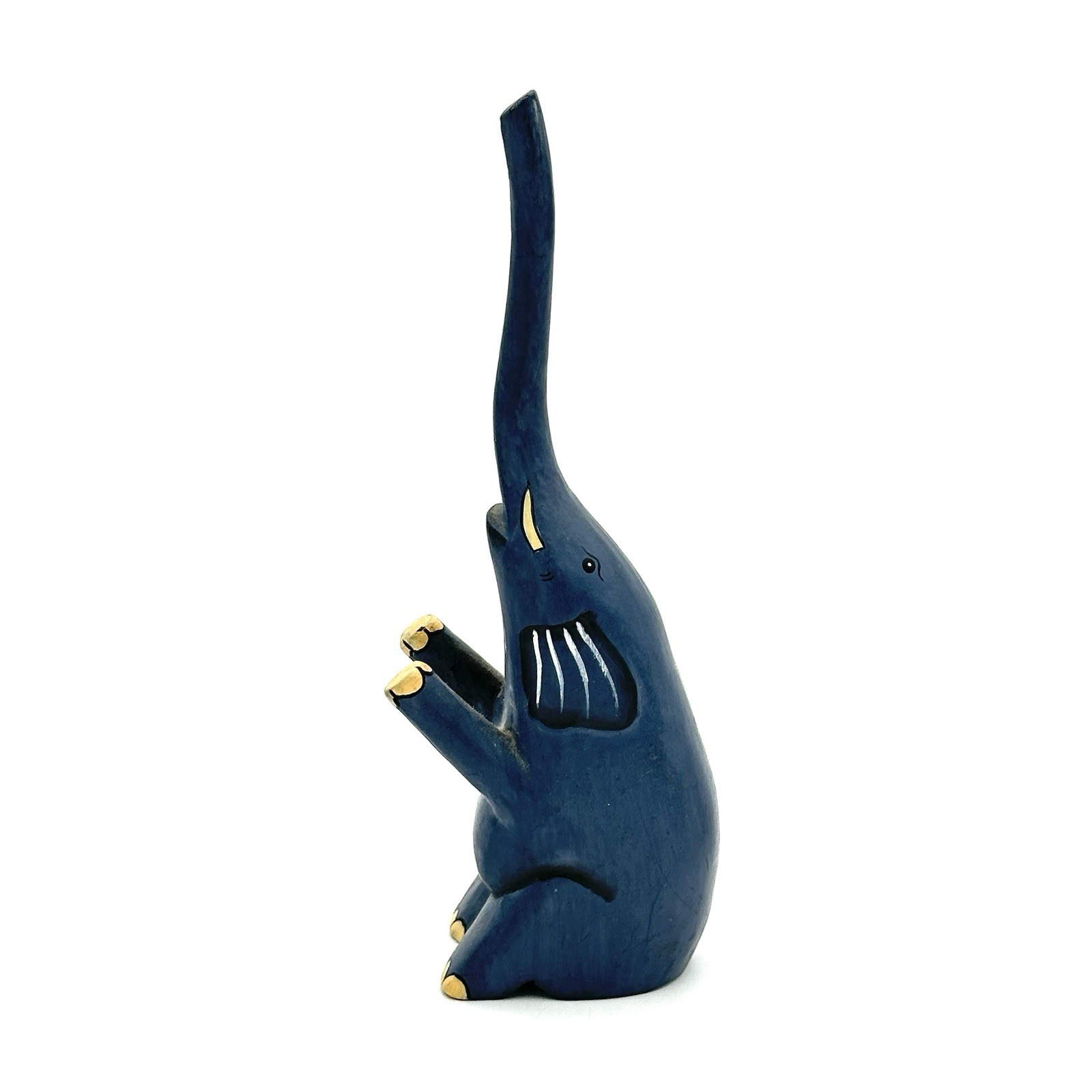 Elephant Figurine Wooden Blue With Yellow Accents 7.5 X 2.25 X 1.75 Inches