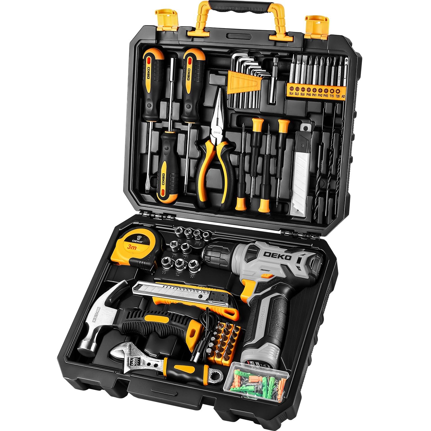 DEKOPRO Tool Set：Tool Kit with 8V Cordless Drill,Tool Box Yellow 
