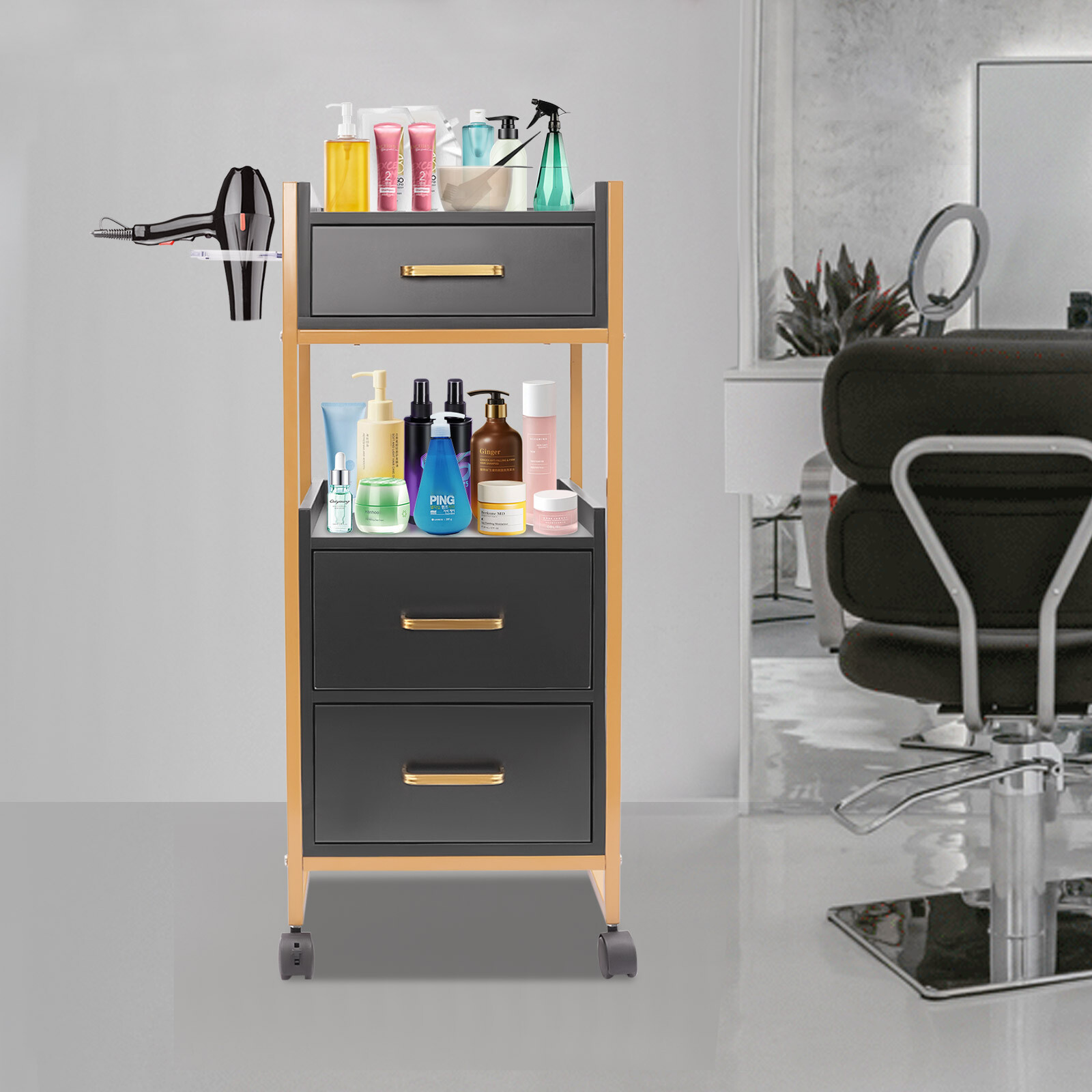 Mobile Salon Trolley Cart with 3 Drawers & Dryer Holder Hairstylist Storage Cart