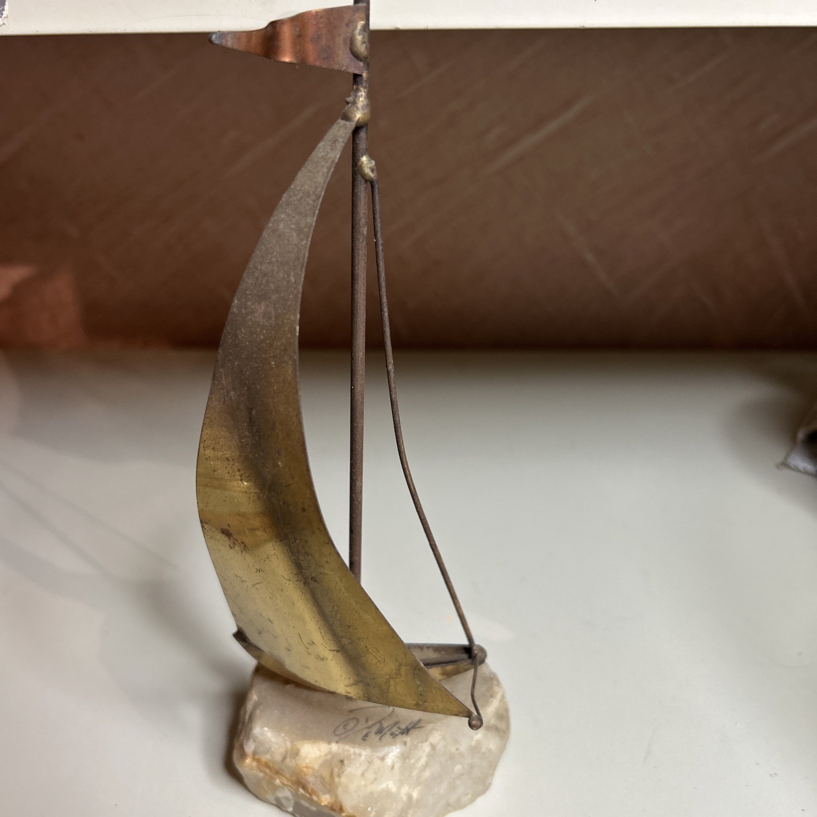 Vintage Nautical Brass Sailboat on Granite Stone Signed by Artist 10" Tall