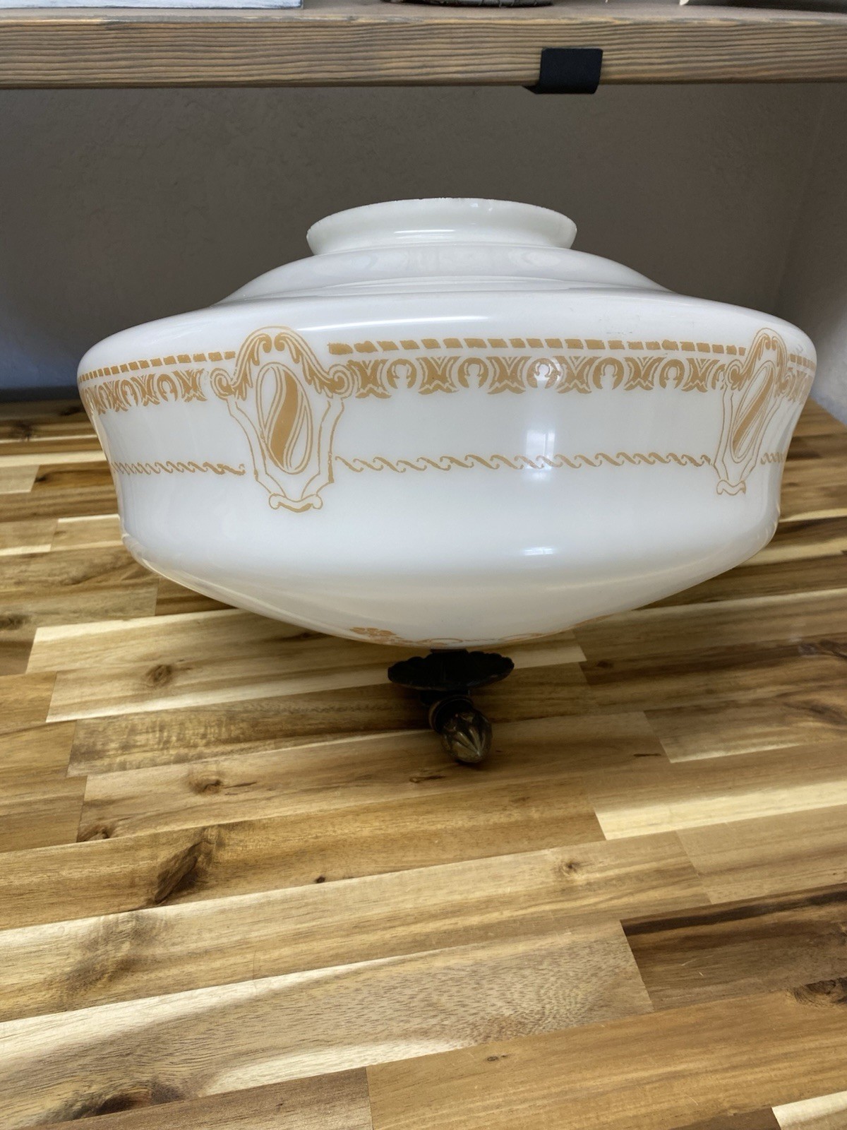 Vintage Lighting Fixture Milk Glass &Gold Appr. 16” Wide Schoolhouse Flush Mount