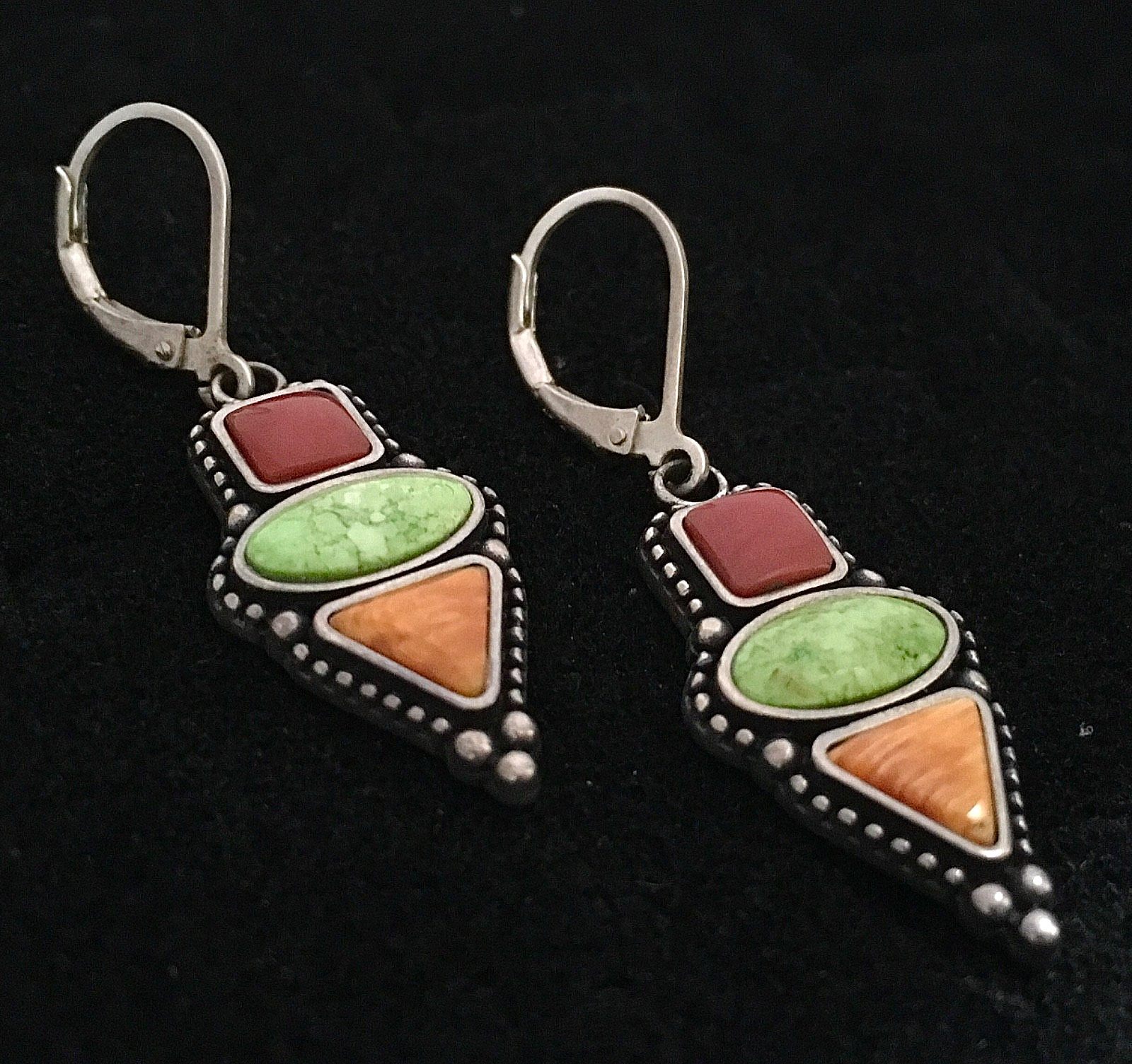 Don Lucas High Desert Sterling Red Coral Gaspeite Spiny Oyster Dangle Earrings