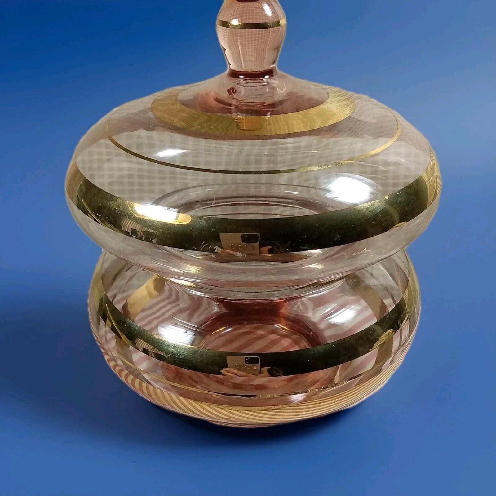 Vintage *Romanian* Pale Amber & Gold Glass Dish with Lid 7" Tall X 5.5" diameter