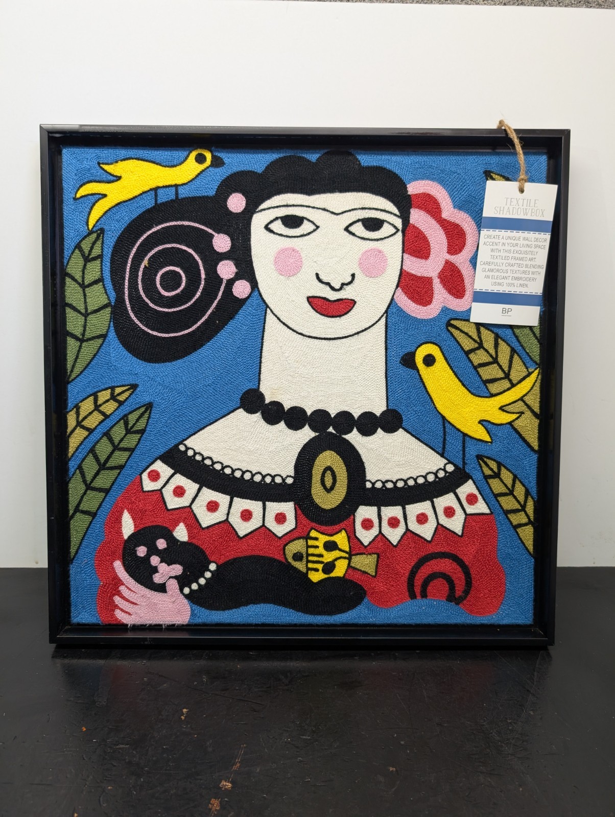 Frida Kahlo inspired Fiber Knit Wall Art Hispanic Chain Stitch crewel 18.5”