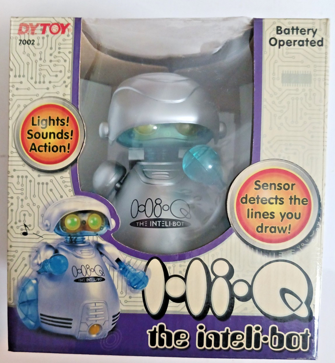 Hi-Q The Inteli-bot 1999 DY Toy Robot Silver And Blue Lights Sounds - MIB