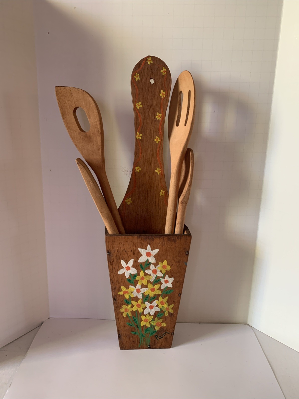 Old Handmade Hand Painted Wooden Utensils Holder Wall Hanging 4 Utensils
