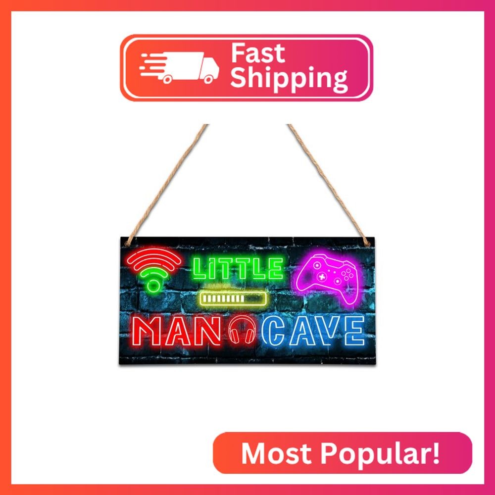 Little Man Cave, Neon Gaming Wooden Door Sign for Gamer Room Decor, Boys Decorat