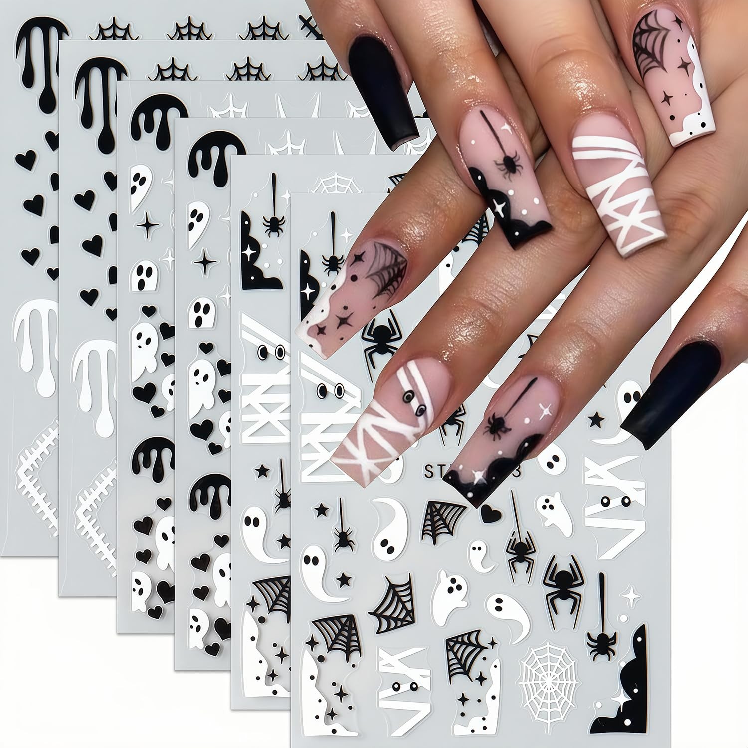 6 Sheets Halloween Nail Stickers, Spider Art Stickers 3D Multicolor 
