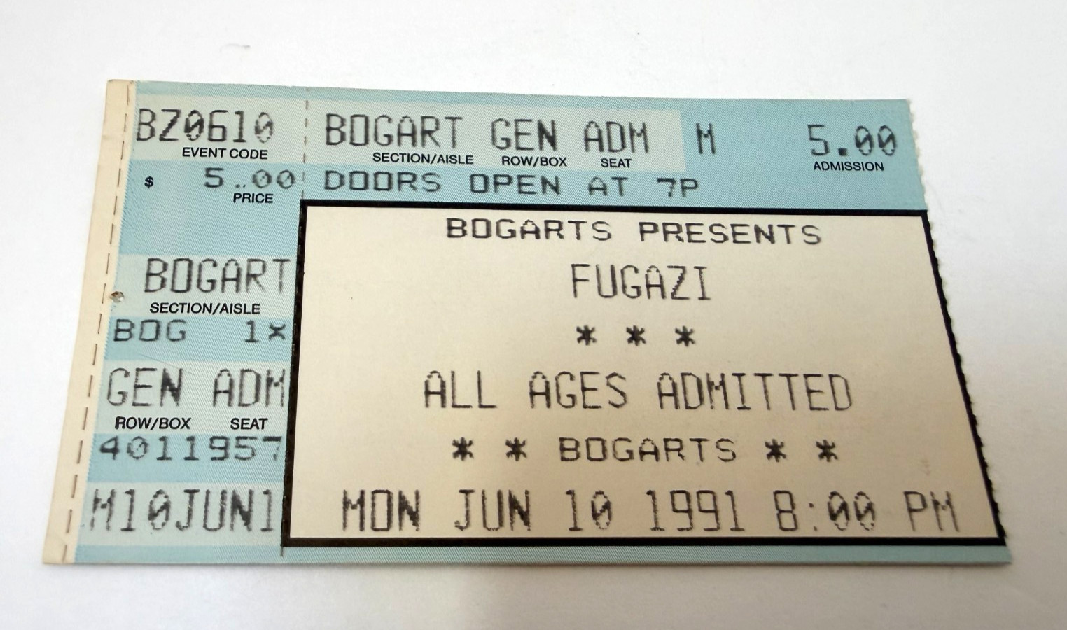 1991 FUGAZI at Bogarts Cincinnati OH Concert Ticket Stub