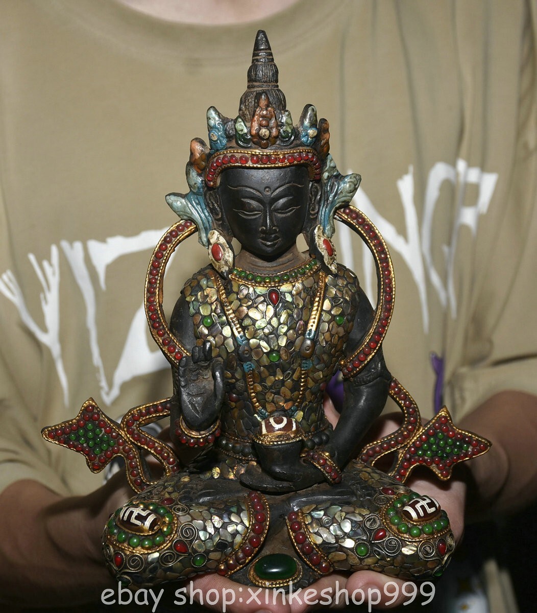 8" Old Tibet Bronze Inlay shell Buddhism White Tara Guan Yin Goddess Statue