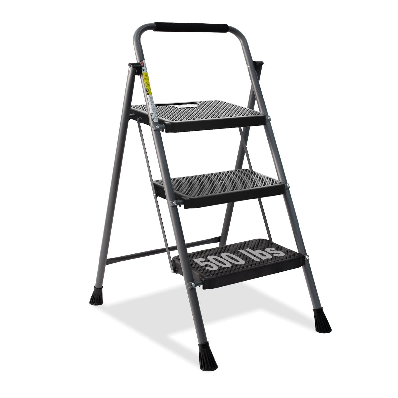 3 Step Ladder Folding Stool with Anti-Slip Wide Pedal & Convenient Handgrip