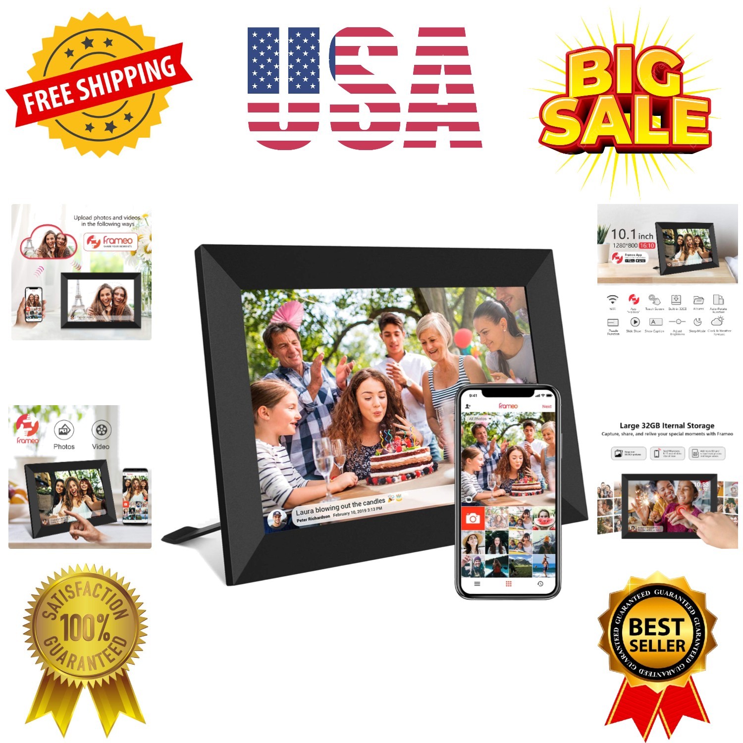 32GB FRAMEO 10.1 Inch Smart WiFi Digital Photo Frame 1280x800 IPS LCD Touch S...