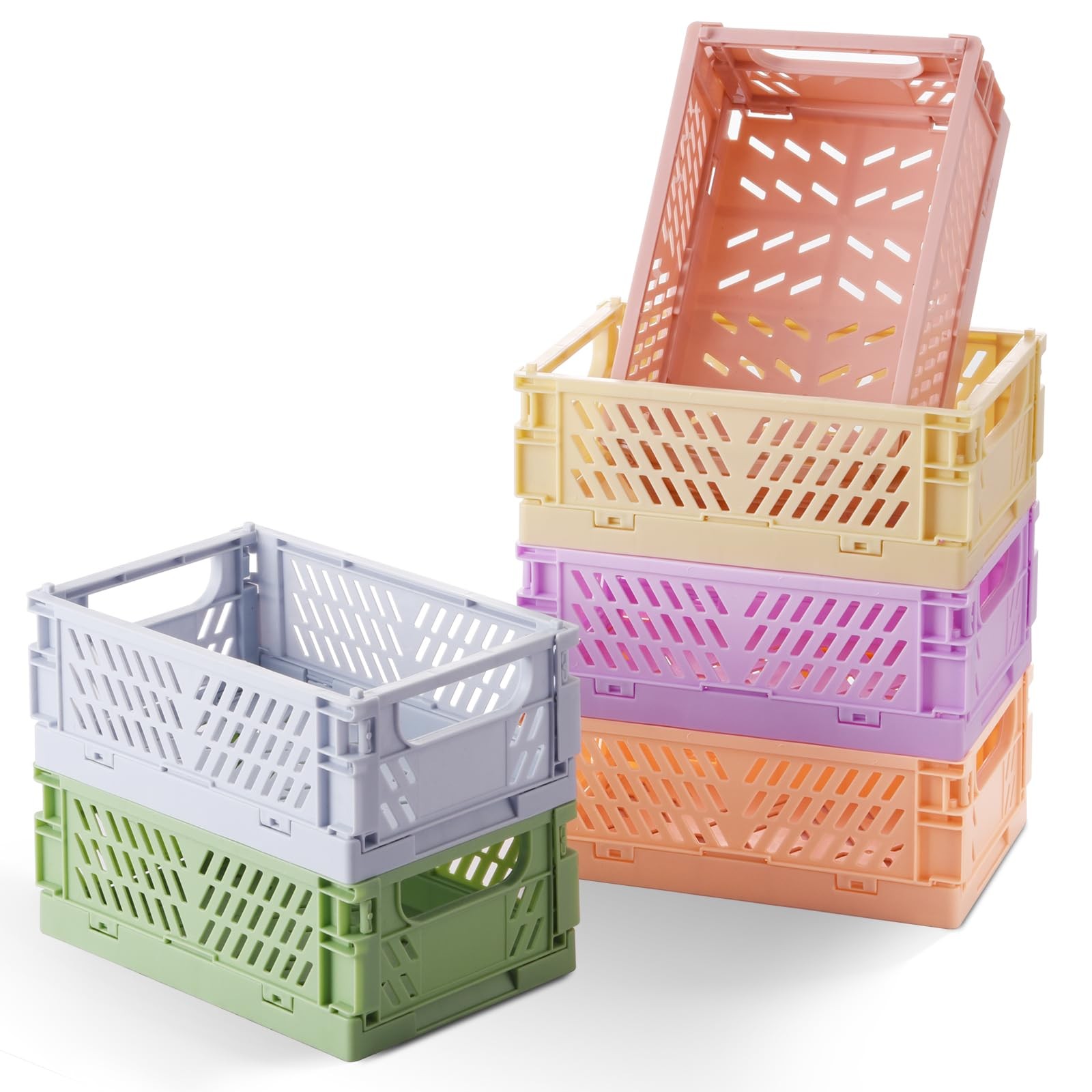 6-Pack Small Pastel Plastic Storage Baskets, Collapsible Crates for Organizin...