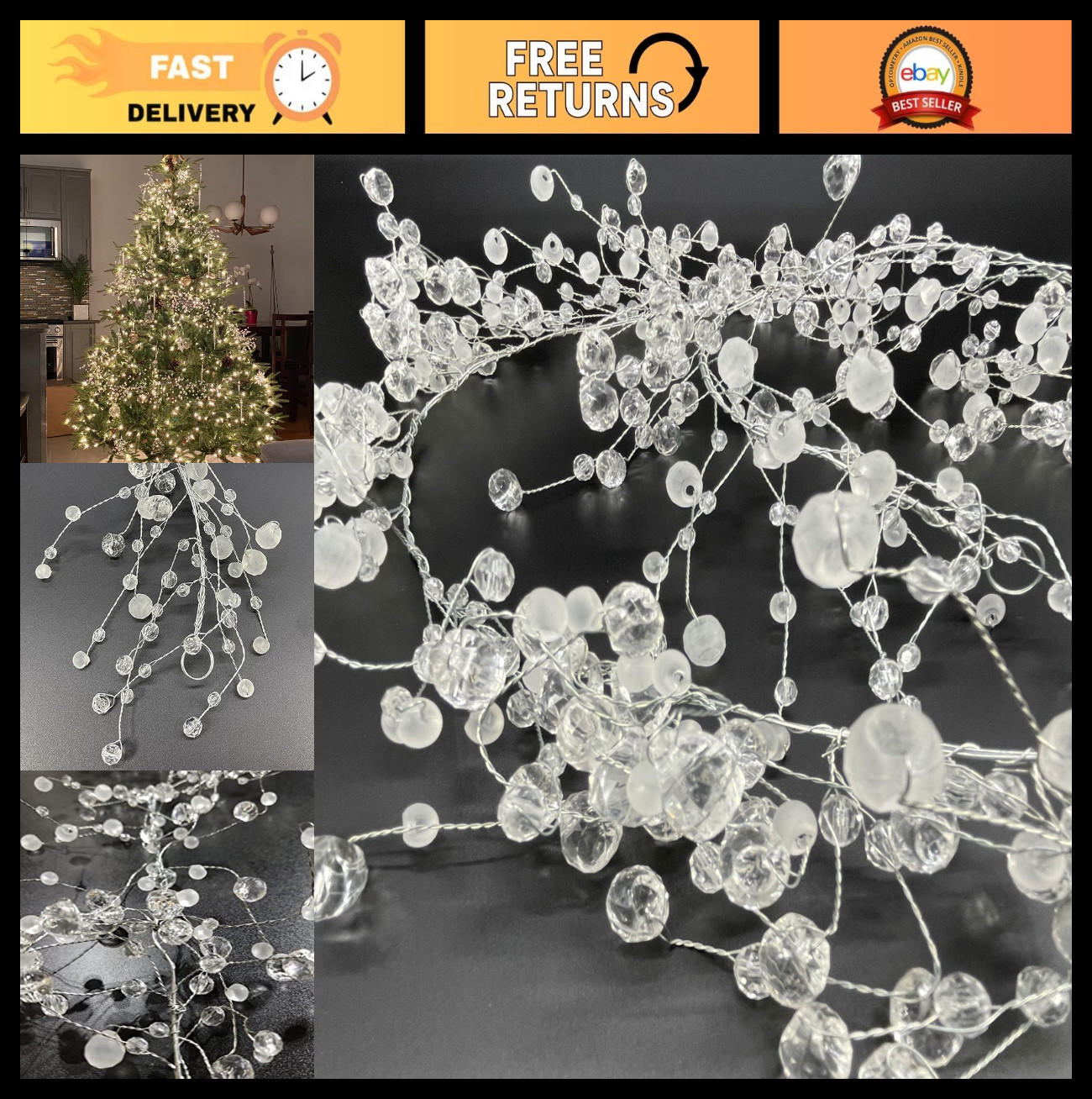 192" Acrylic Crystal Diamond Garland - Frosted Beaded Glitter String Decor (Set