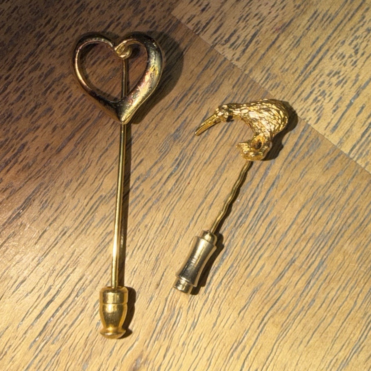 Vintage Collectible Gold-Toned Heart and Kiwi Stick Pins
