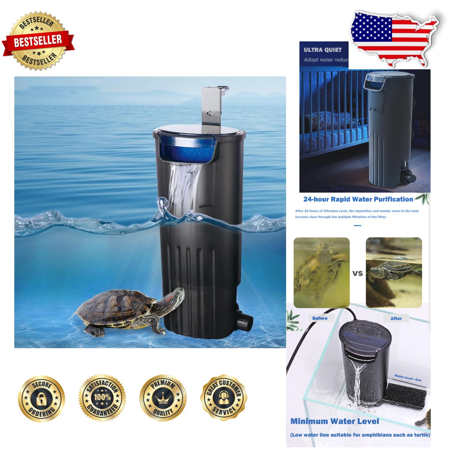 Upgraded Turtle Tank Filter - Ultra-Quiet, 5-40 Gal, Fast & Effective Water Flow