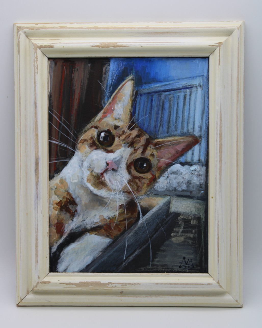 Cute Artwork framed mixed media cat on paper~ Orange Tabby~ Rockn Palette
