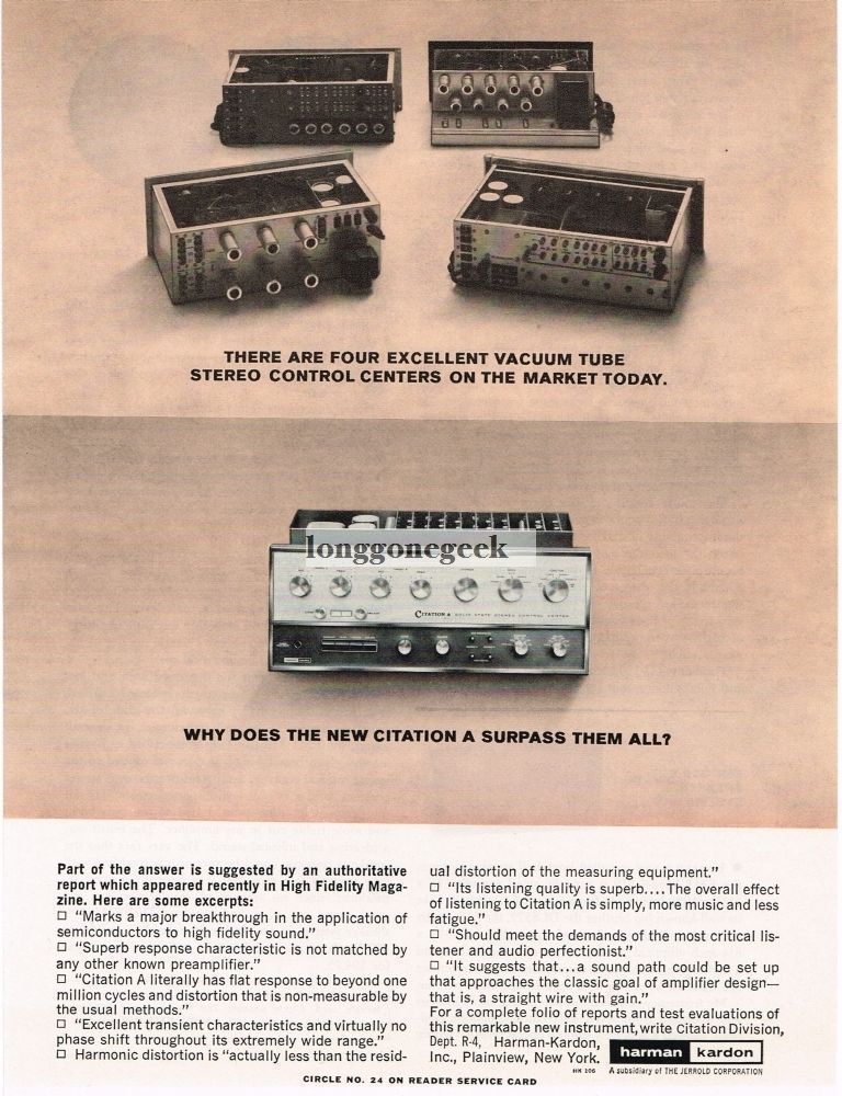 1964 Harmon Kardon Citation Pre-Amp Hi-Fi VINTAGE Print Ad
