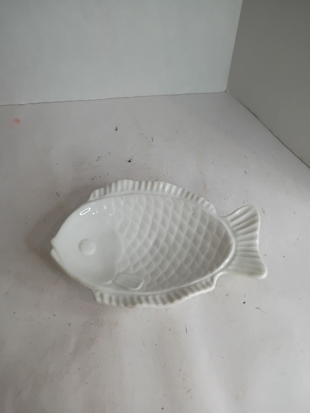 Vintage Japan OMC Fish Trinket Dish White 5x7" Pottery Bowl Ceramic Candy Nuts 