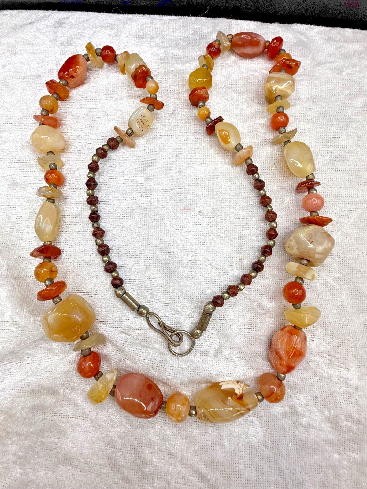Vintage Stone Necklace Chunky Nugget Orange Red Silver Tone 28”