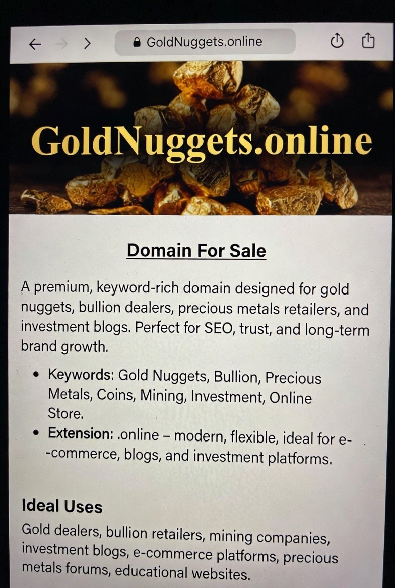 GoldNuggets.online  Premium Domain | Gold Coins, Bullion, nuggets, Bars