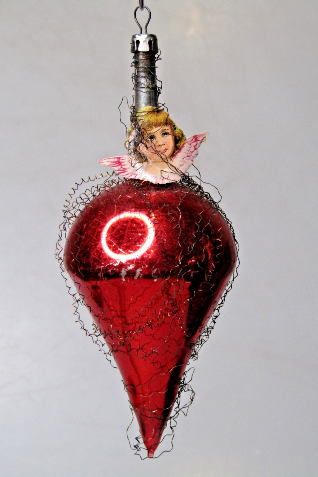 Antique VTG Glass Crinkle Wire ANGEL HEAD Red DROP Christmas Ornament Germany