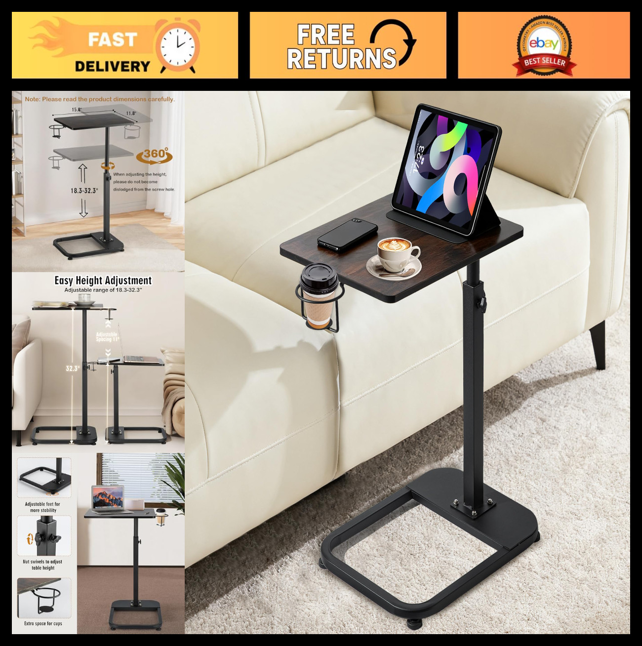 Adjustable C-Shaped TV Tray Table with Rounded Corners - Snack Table for Couch,