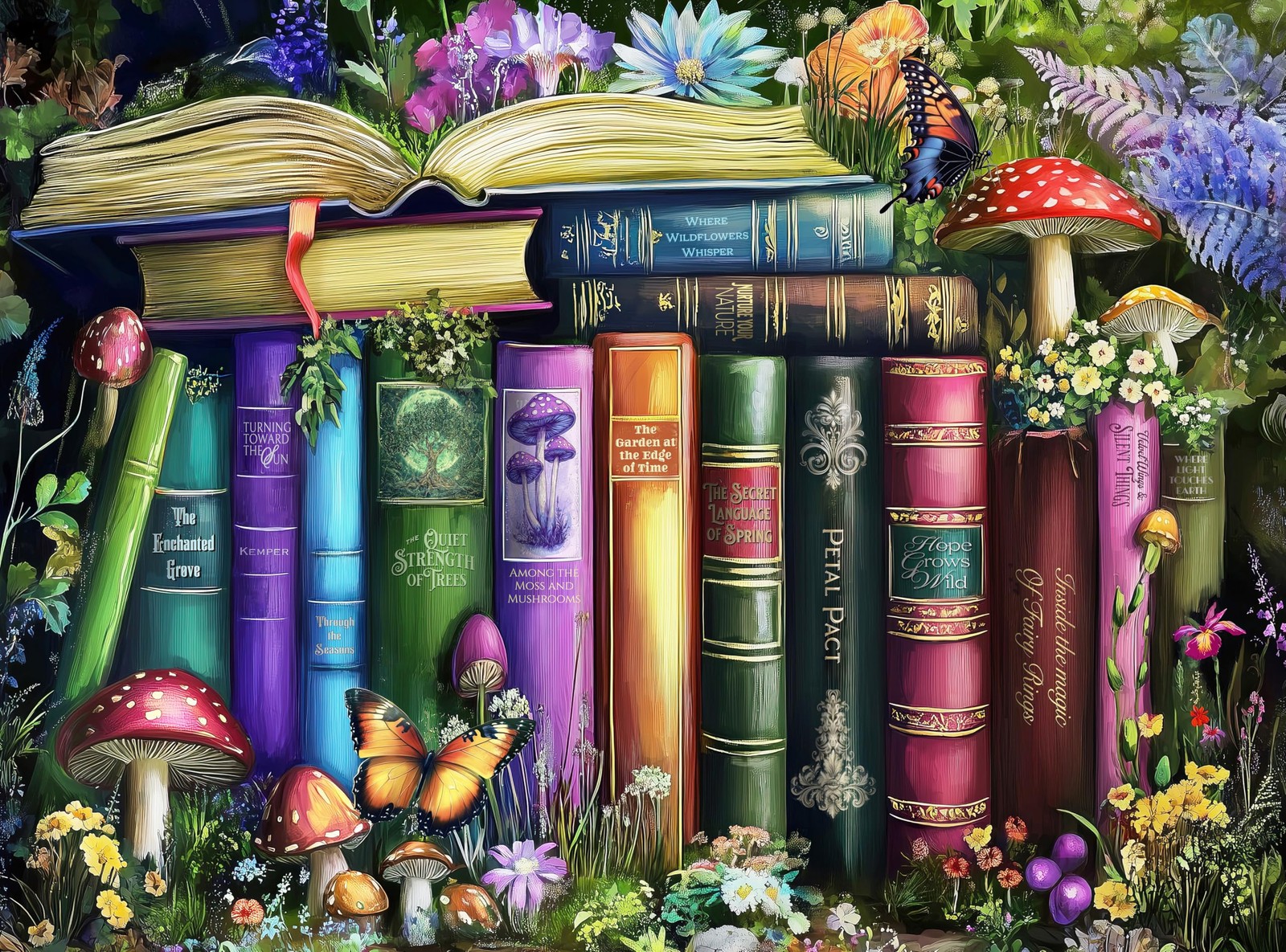 1000 Piece Jigsaw Puzzle for Adults - Wildflowers, Mushrooms and Books in Nat...