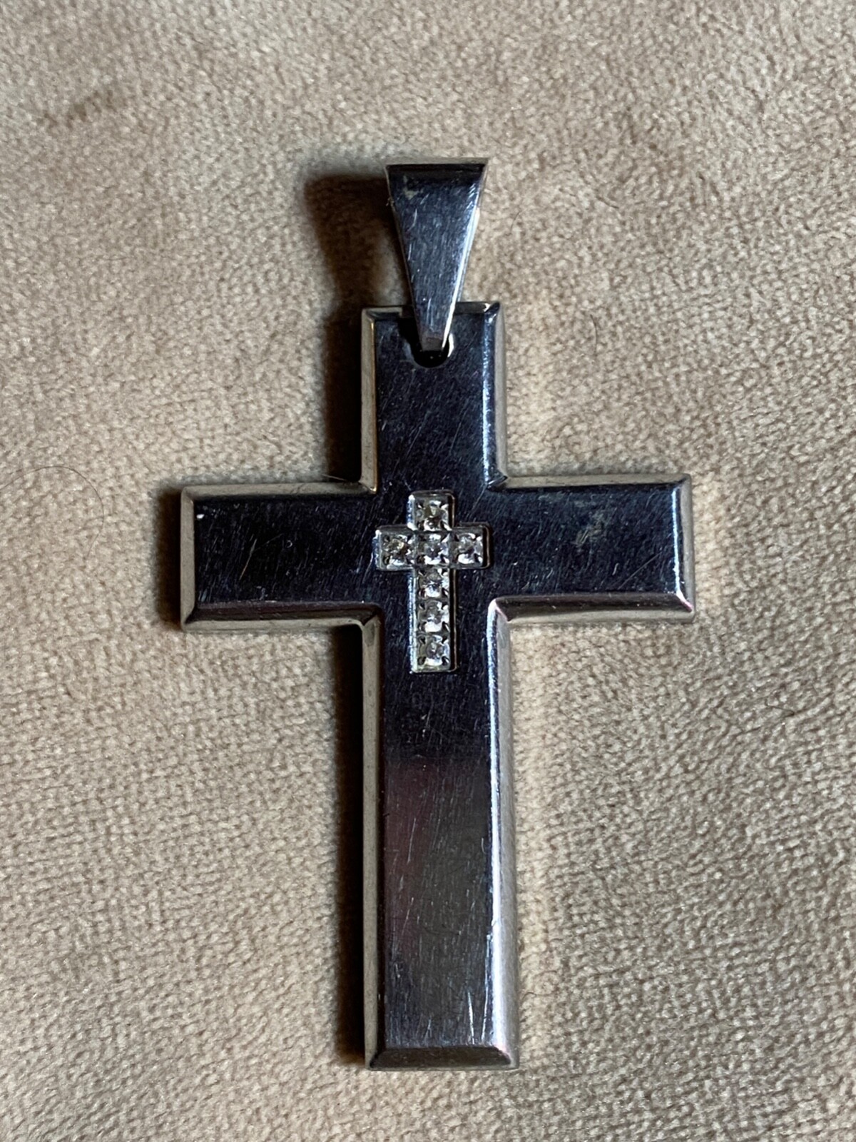 Vintage Religious Cross Rhinestone Pendant Silver tone 2 1/2"