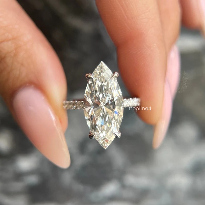 4Ct Marquise Cut Moissanite Round Pave Engagement Ring 925 Sterling Silver Her