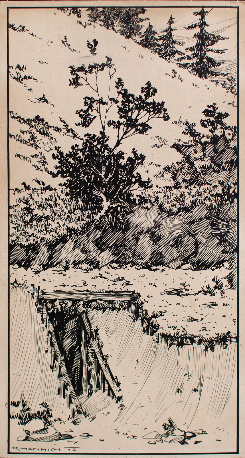 Rudolf Hannich Quarry Shelter Mountain Landscape Signed Unique Drawing 19