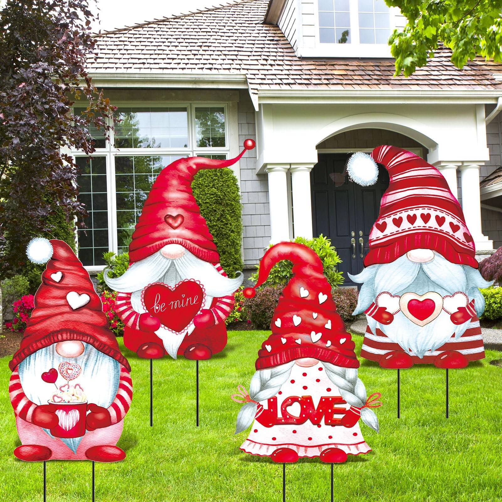 4 Pcs Metal Valentine's Day Gnome Yard Sign with Stakes Love Heart Gnome Outd...
