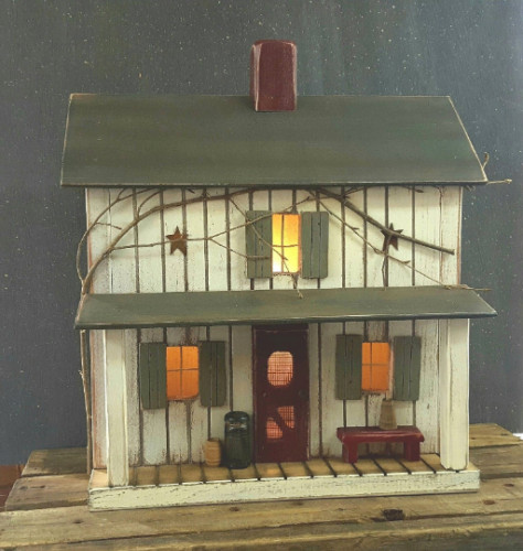 Farmhouse , Lighted House , Primitive House , Americana , Handmade , Birdhouse