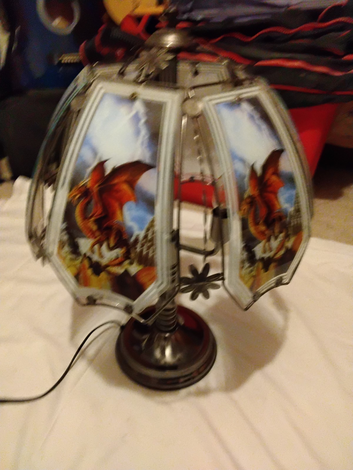 Fantasy Dragon Table Lamp Glass Shade Metallic Finish Multicolor Corded Electric