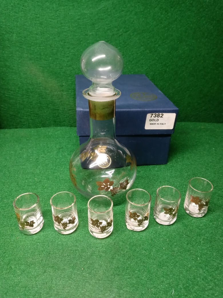 Murano Glass Decanter  with six Shot Glasses Set/ 24k Gold Encrusted Italy