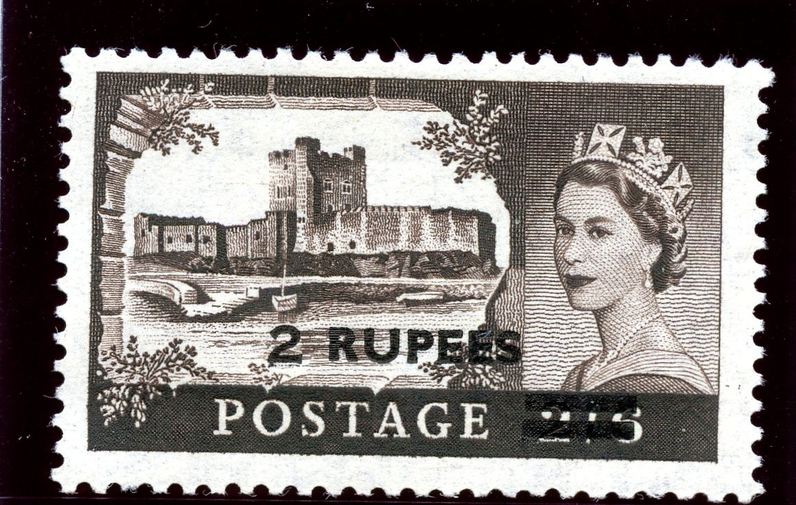 Oman 1955 QEII 2r on 2s 6d black-brown (Surch Type I ) superb MNH. SG 56. Sc 63.