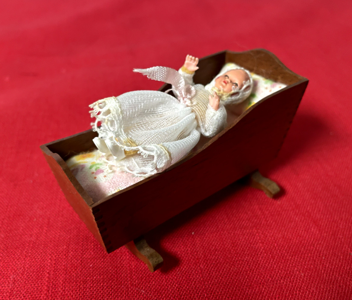Vintage Dollhouse Cradle & Adorable Baby, Excellent Condition, 1/12 scale