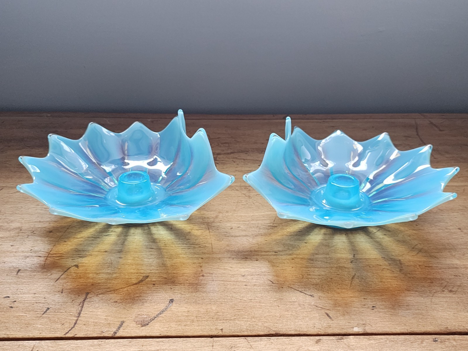 Pair of Fostoria Heirloom Rolled Handkerchief Candle Holders Opalescent Blue