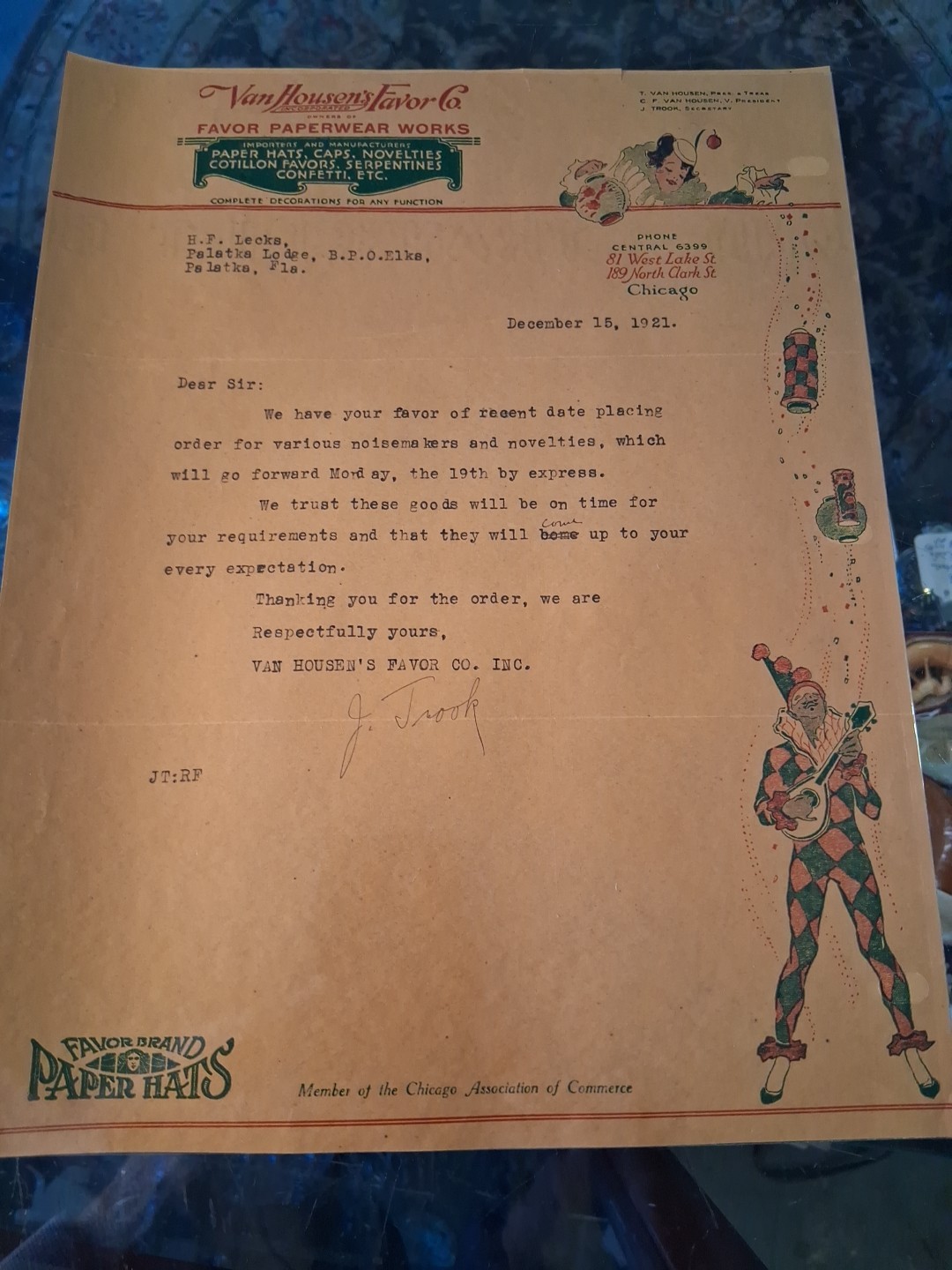 Van Housen's Favor Co. Letter