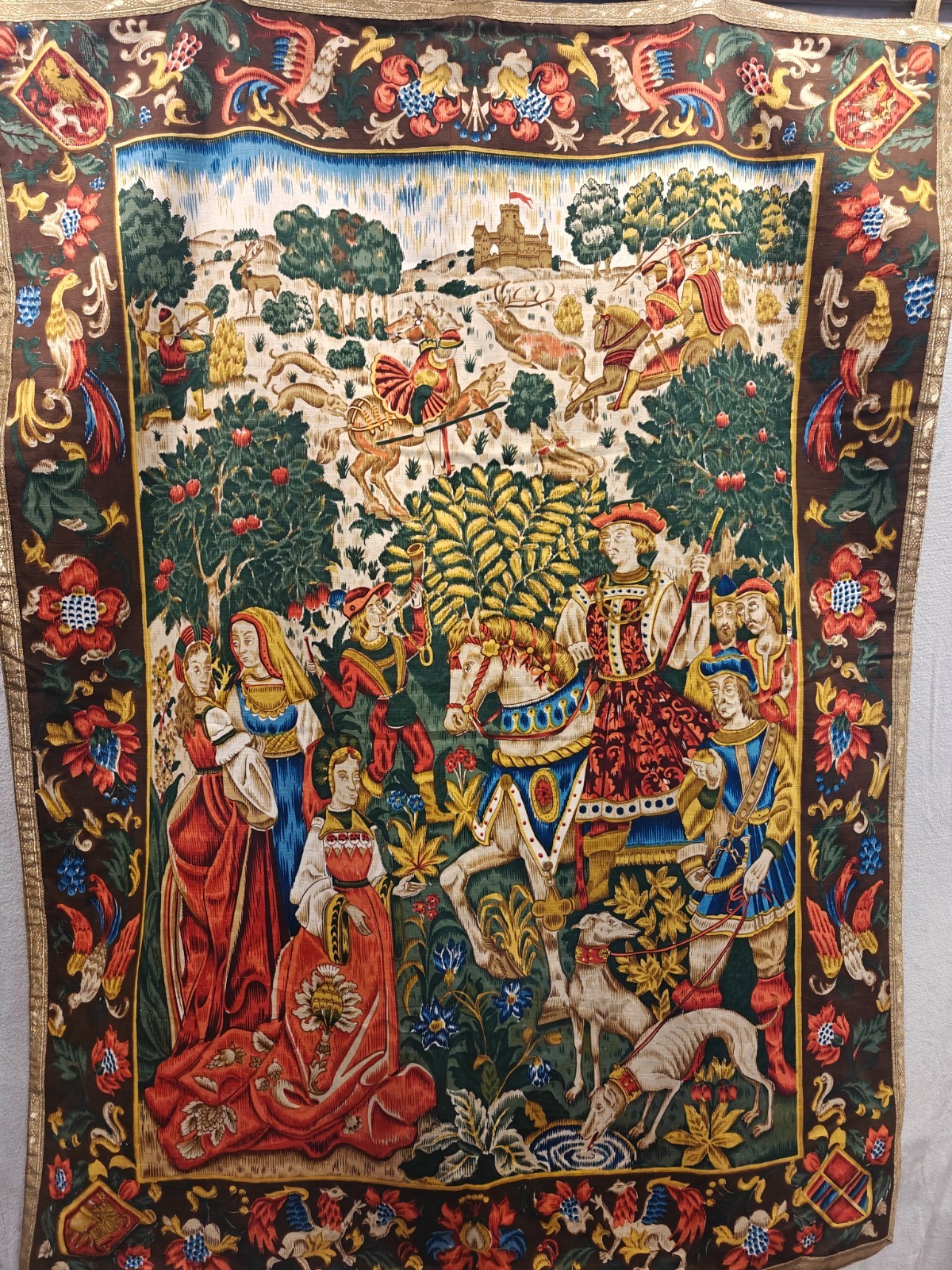 Vintage Medieval Hunting Scene Tapestry 62x47 Renaissance Style Wall Hanging