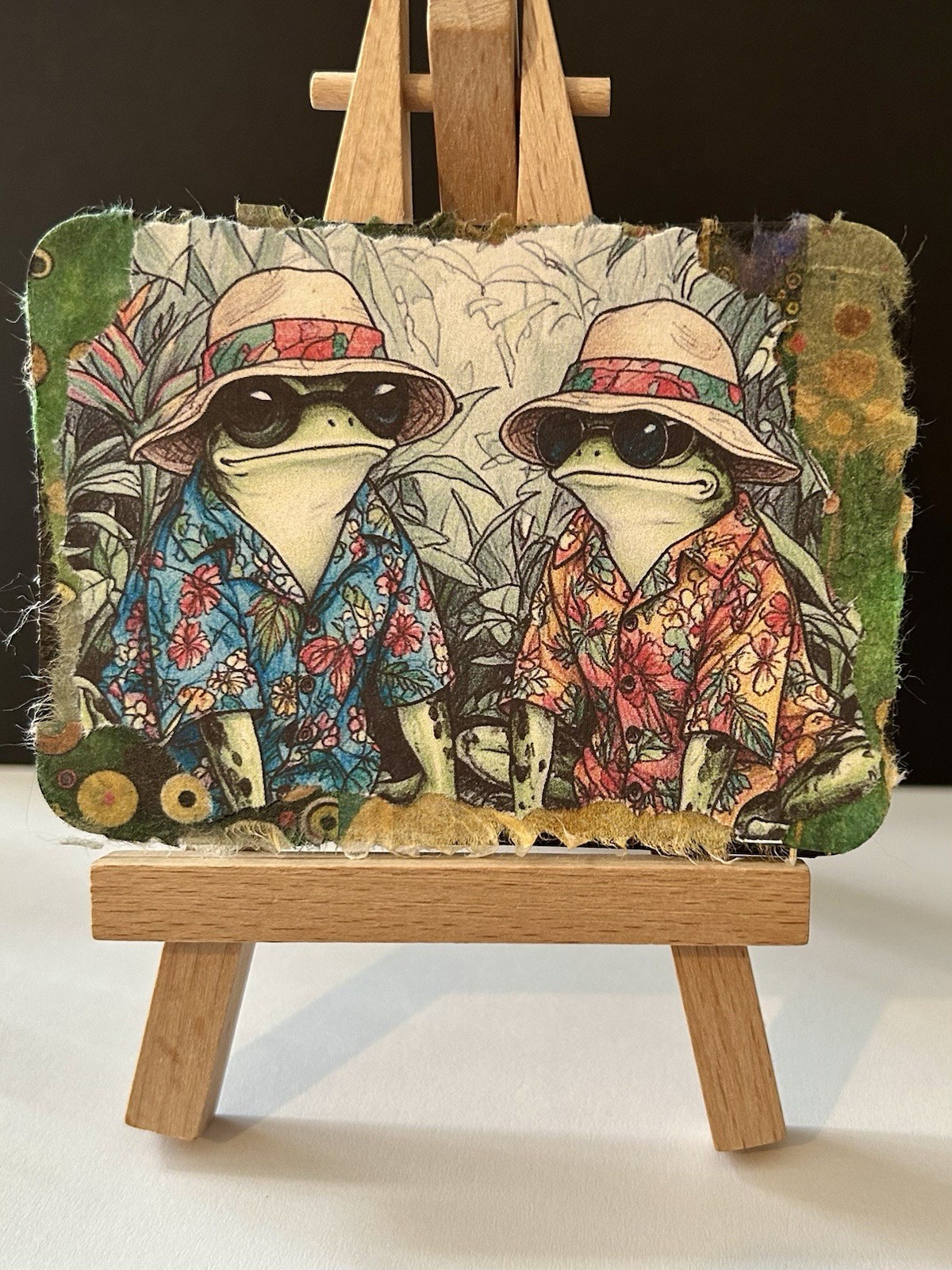 ACEO Art Card/collage-Abstract Tropical Frogs