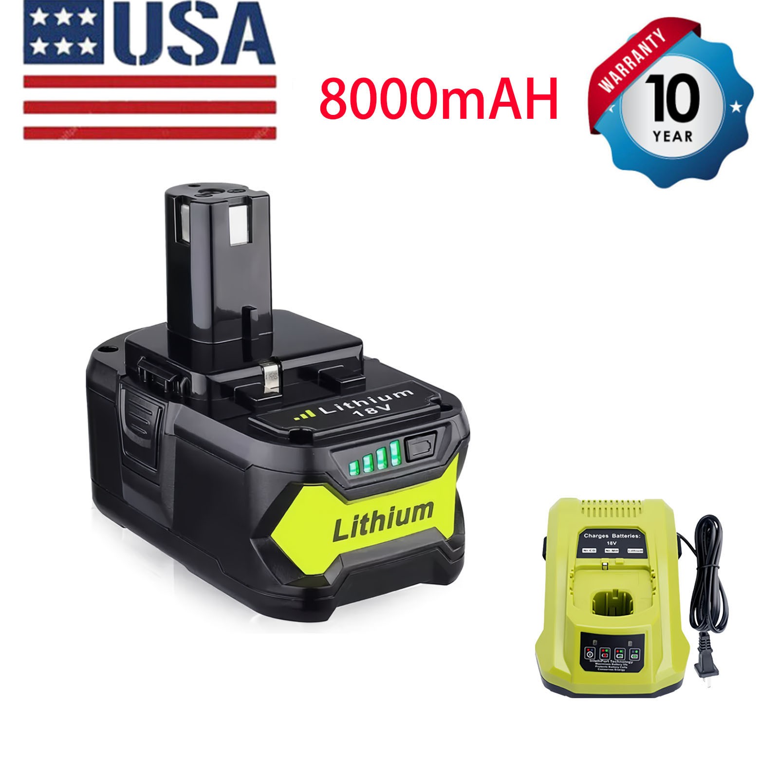 8.0Ah Battery Replace for Ryobi 18V Lithium ion Batteries P191 P100 and Charger