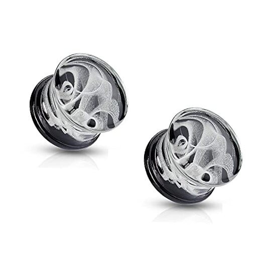  - White Swirling Smoke Pyrex Glass Double Flared Black Back Plugs, 6mm (2GA)