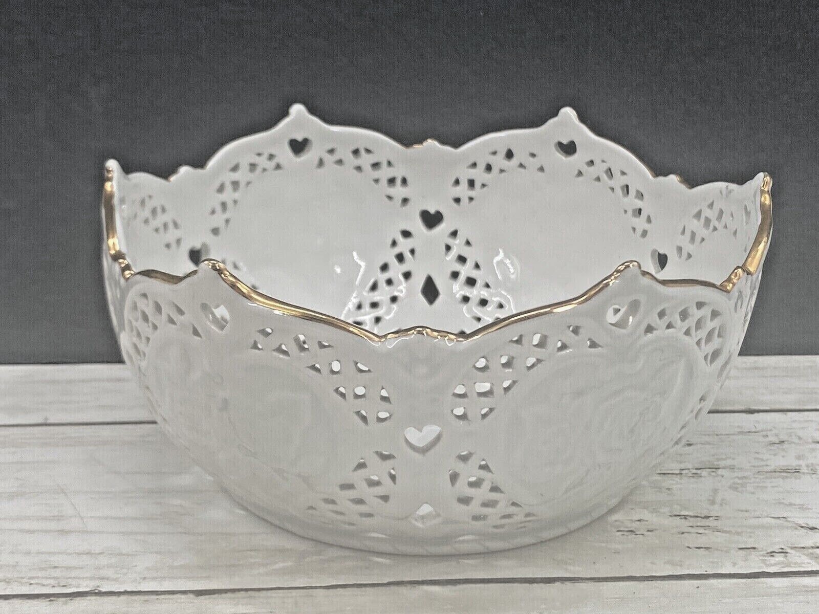 Enesco Love Honor Cherish White Heart Bowl Gold Rim Wedding Anniversary Gift