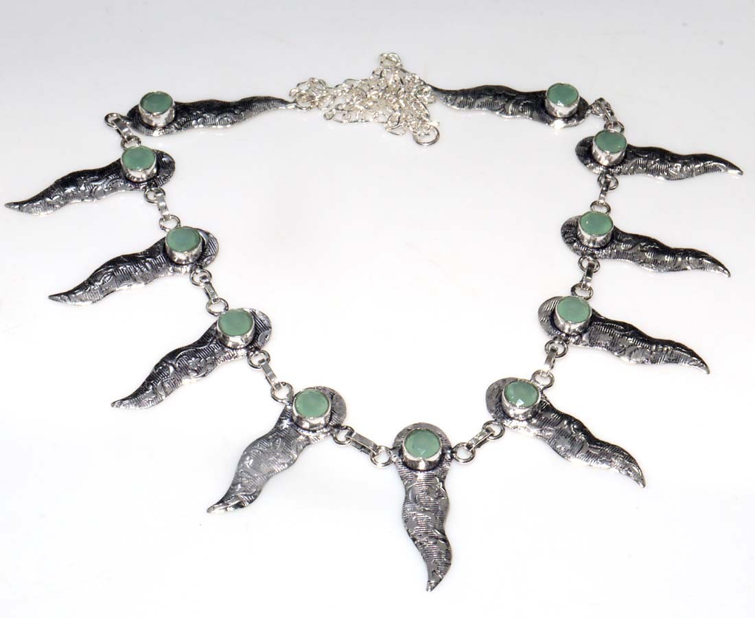 925 Silver Plated Wave Aqua Chalcedony Necklace 20" Unique Jewelry Trendy MJ