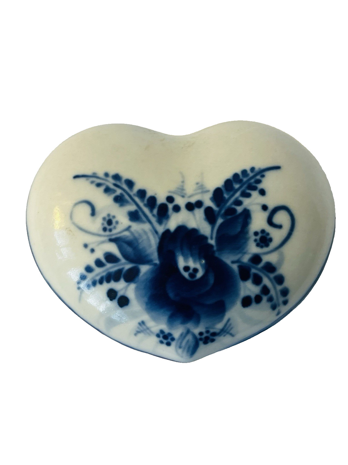 Vintage Russian Porcelain Czhel Heart Shaped Blue & White Trinket Box Signed